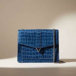 100% Leather Navy Blue Croc-Embossed Square Crossbody Bag